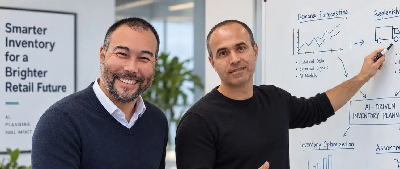 Two Catwing team members at a whiteboard mapping demand forecasting, replenishment and AI-driven inventory planning